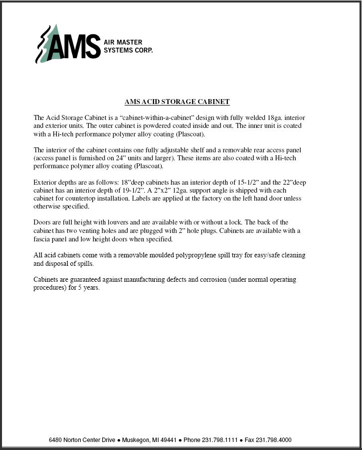 High Performance Fume Hoods 12 AMS Acid Cabinets & Specs
