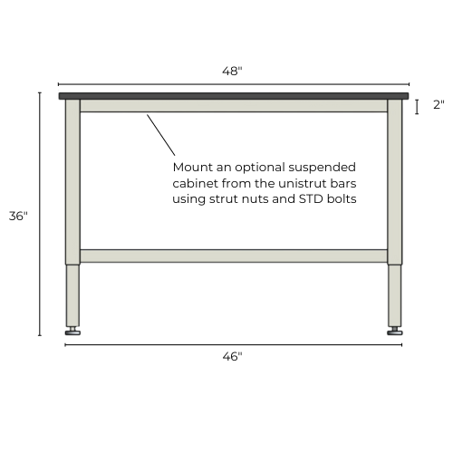 Adaptable Laboratory Furniture 9 Front view of a Titan Series table frame with an epoxy surface.